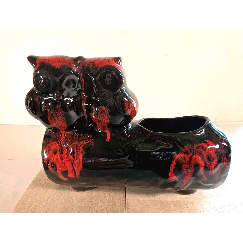 Vintage Canuck Orange And Black Drip Owl Planter MCM Kitchy